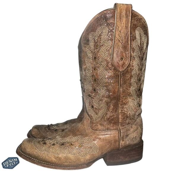 Corral Boots Women’s Metalic Cognac Stitching & Studs Square Toe Western Boots - Picture 4 of 16